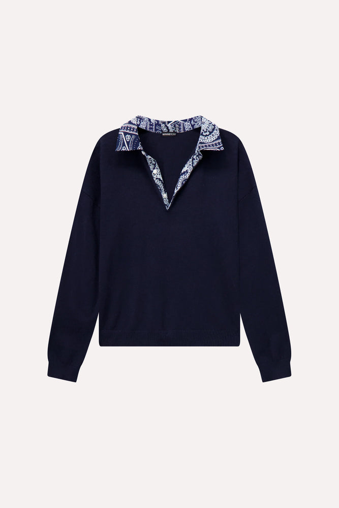 Minnie Rose Cotton Cashmere Woven Bandana Collar Pullover