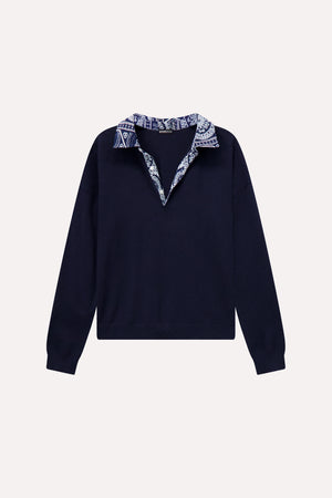 Minnie Rose Cotton Cashmere Woven Bandana Collar Pullover