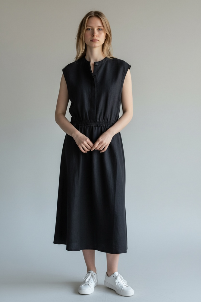 sleeveless flared skirt dress Sleeveless Midi Dress with Structured Seaming and Flared Skirt Modenaire