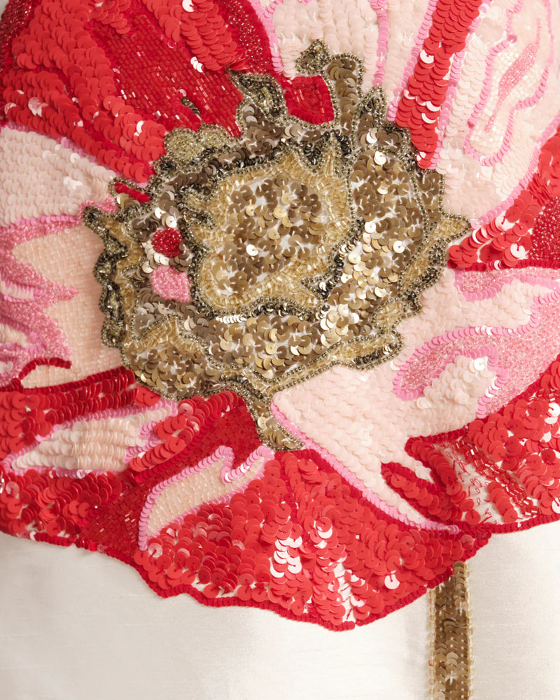 Frances Valentine Alice Shift Dress with Sequin Flower Paradise Poppy, Oyster