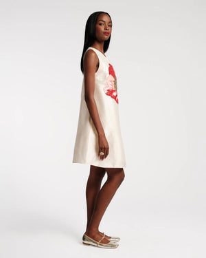 Frances Valentine Alice Shift Dress with Sequin Flower Paradise Poppy, Oyster