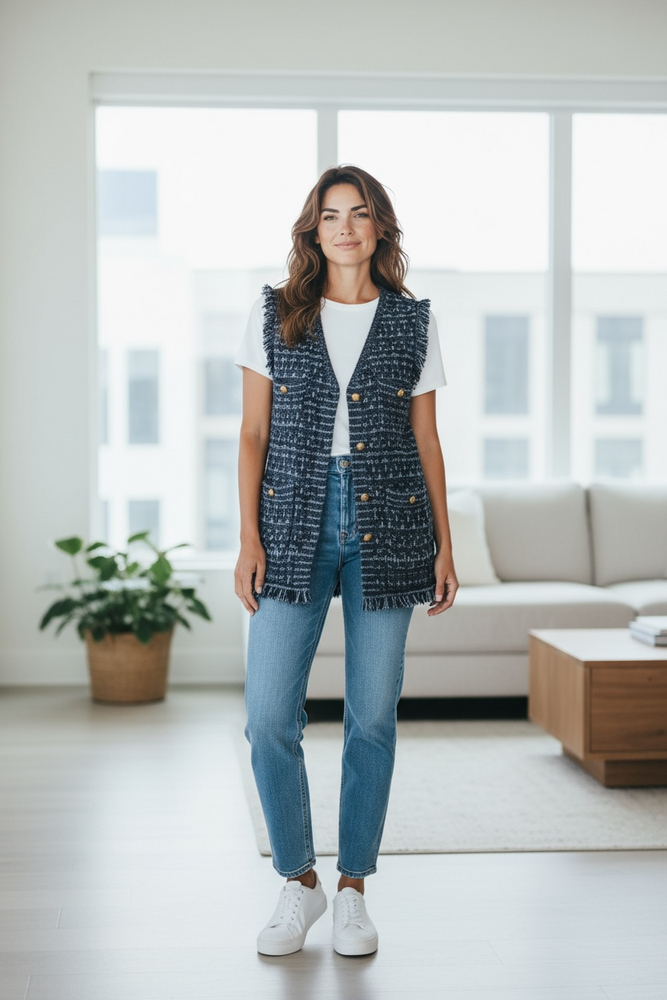 Autumn Cashmere Long Tweed Vest with Fringe