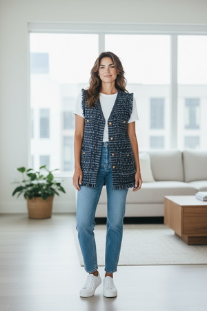 Autumn Cashmere Long Tweed Vest with Fringe
