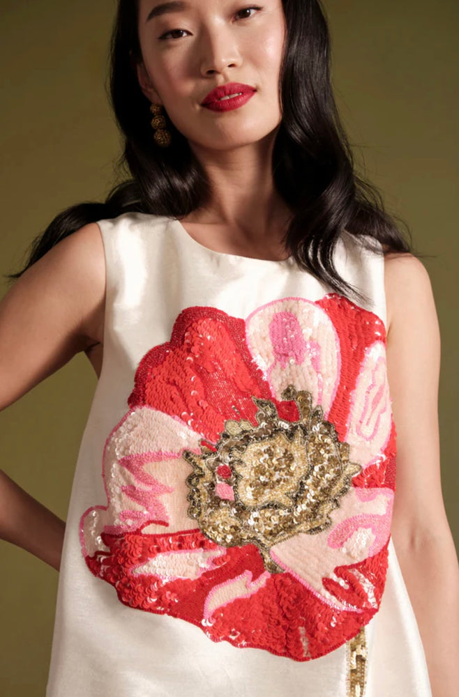 Frances Valentine Alice Shift Dress with Sequin Flower Paradise Poppy, Oyster