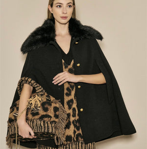 BYE Be Your Essence Faux Fur Collar Knit Cape