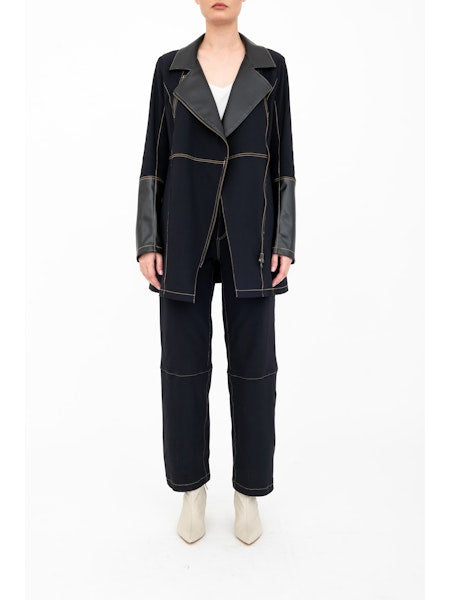 Elaine Kim Asana Moto Coat with Vegan Leather And Denim Stitching