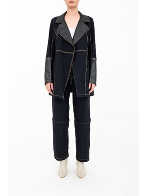 Elaine Kim Asana Moto Coat with Vegan Leather And Denim Stitching