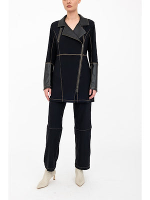 Elaine Kim Asana Moto Coat with Vegan Leather And Denim Stitching