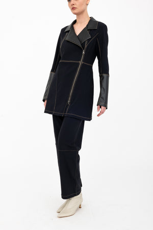 Elaine Kim Asana Moto Coat with Vegan Leather And Denim Stitching