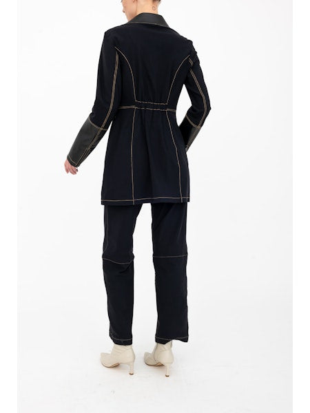 Elaine Kim Asana Moto Coat with Vegan Leather And Denim Stitching