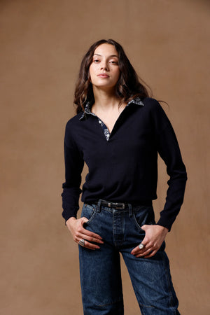 Minnie Rose Cotton Cashmere Woven Bandana Collar Pullover