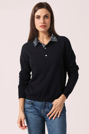 Minnie Rose Cotton Cashmere Woven Bandana Collar Pullover