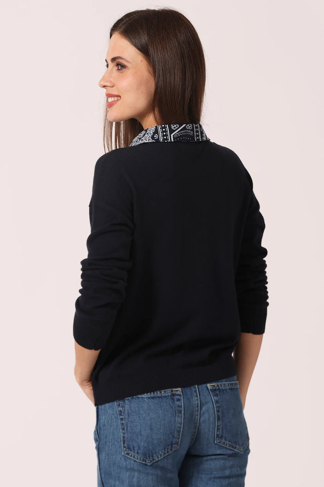 Minnie Rose Cotton Cashmere Woven Bandana Collar Pullover