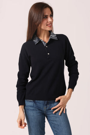 Minnie Rose Cotton Cashmere Woven Bandana Collar Pullover