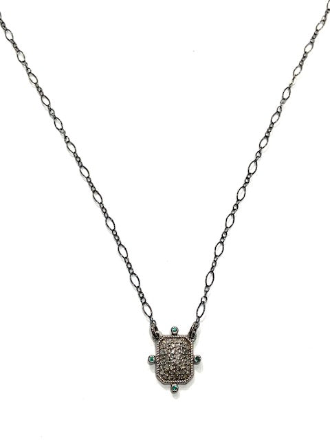 Erin Steele Jewelry Rhodium Silver Chain Necklace w/ Diamond and Emerald  Pendant