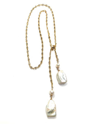 
            
                Load image into Gallery viewer, Sconset Flair Studio Pearl &amp;amp; Signity CZ Chain Lariat Necklace
            
        