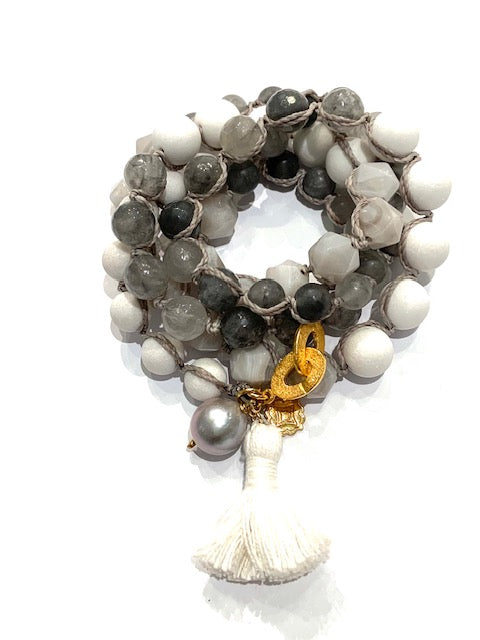 Brigitte Regula The Simple Strand in Matte White Mountain Jade, Matte Gray Polished Quartz, and Gray Agate Cubes