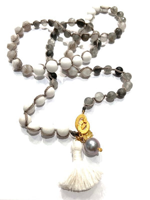 Brigitte Regula The Simple Strand in Matte White Mountain Jade, Matte Gray Polished Quartz, and Gray Agate Cubes