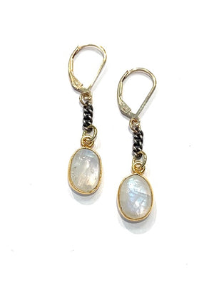 Erin Steele Jewelry Oval Rainbow Moonstone Earrings w/ Oxidized Sterling Silver Chain