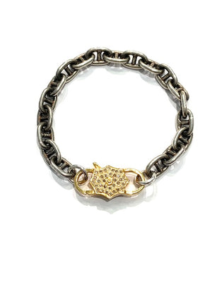 Erin Steele Jewelry Thick Sterling Silver Mariner Chain Bracelet w/ Large Gold Diamond Lobster Clasp.