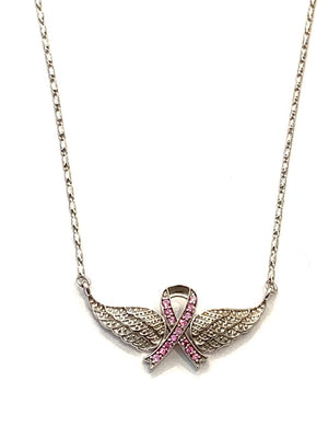 Corielle Joelle Pink Sapphire Breast Cancer Awareness Ribbon White Gold Necklace