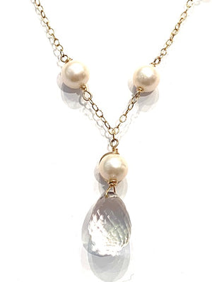 Sconset Flair Studio Tin Cup Y-drop Pearl & Faceted Quartz Necklace