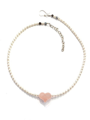 Sconset Flair Studio Carved Rose Quartz Heart & Pearl Necklace