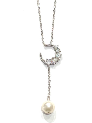 Sconset Flair Studio Signity CZ Moon & Pearl Drop Necklace