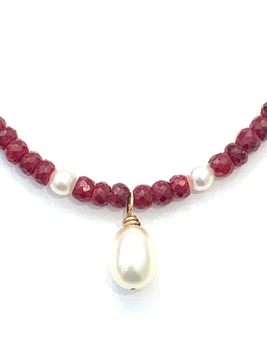 Sconset Flair Studio Faceted Ruby & Drop Pearl Necklace