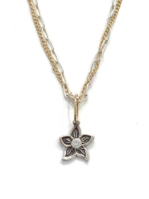 County Metalsmiths Double Two Tone Chain Single Lily Charm Diamond Necklace