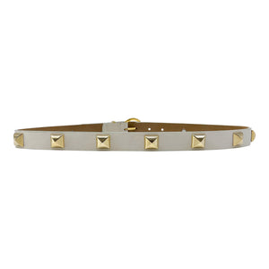
            
                Load image into Gallery viewer, Streets Ahead Kya Belt - Chic White Leather Belt With Gold Pyramid Detail
            
        