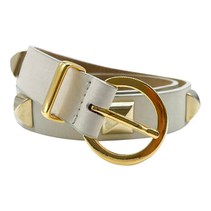 
            
                Load image into Gallery viewer, Streets Ahead Kya Belt - Chic White Leather Belt With Gold Pyramid Detail
            
        