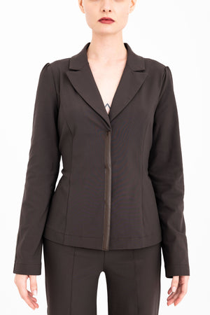 Elaine Kim Carlyle Tech Stretch Puff Sleeve Blazer with Vegan Leather Trim