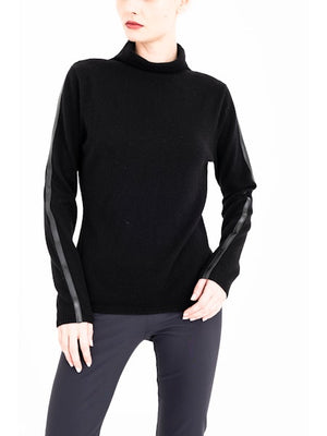 Elaine Kim Cameron Cashmere Blend Funnel Neck Top with Vegan Leather Trim