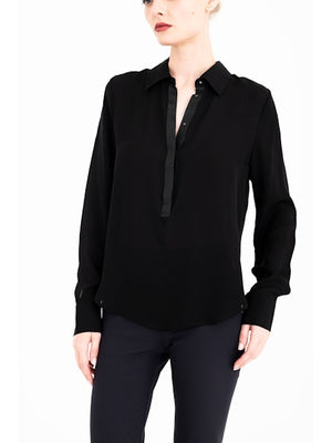 Elaine Kim Clarice Silk Bias Fitted Pullover Shirt with Vegan Leather Trim, Black