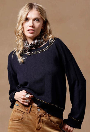 Minnie Rose Cotton Cashmere Frayed Bell Sleeve Studded Crew