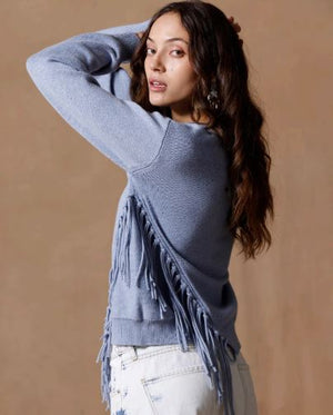 Minnie Rose Cotton Cashmere Fringe Trim Crew Neck