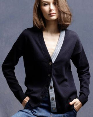 Minnie Rose Cotton Cashmere V-Neck Cardigan with Contrast Placket