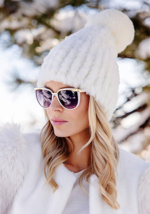 Fabulous-Furs Poppy Pom Beanie, Ivory