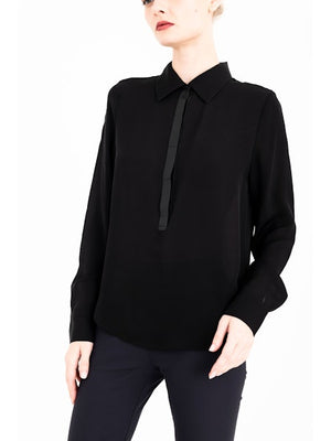Elaine Kim Clarice Silk Bias Fitted Pullover Shirt with Vegan Leather Trim, Black