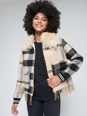 Vilagallo Checked Wool Bomber with Fringe