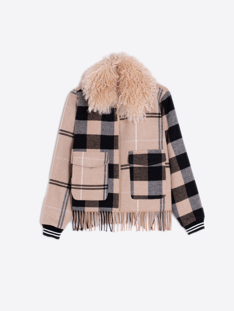Vilagallo Checked Wool Bomber with Fringe