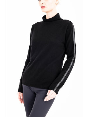 Elaine Kim Cameron Cashmere Blend Funnel Neck Top with Vegan Leather Trim