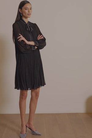 
            
                Load and play video in Gallery viewer, Joseph Ribkoff Pleated Chiffon A-Line Dress with Neck Tie
            
        