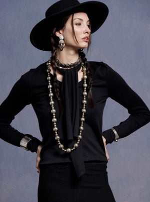 Minnie Rose Cotton Cashmere Top with Scarf Detail