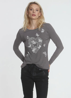 LABEL + thread Graphic Riley Long Sleeve Tee, Deep Taupe Heart Butterflies