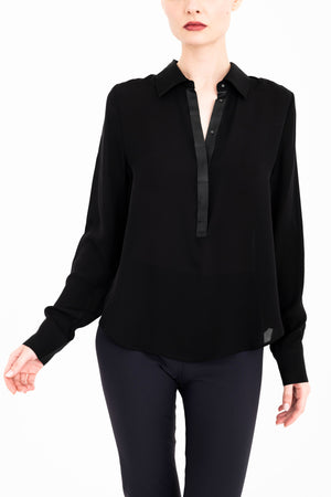 Elaine Kim Clarice Silk Bias Fitted Pullover Shirt with Vegan Leather Trim, Black