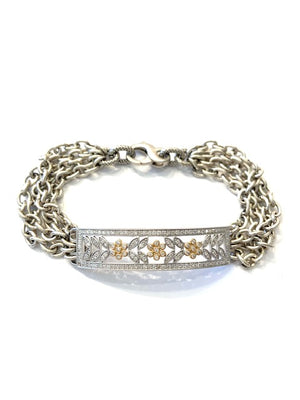 Liza Beth Jewelry Silver and Diamond Floral Motif Bar Bracelet